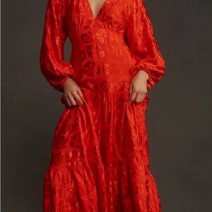 FARM Rio Red Pleated Gown with Bishop Sleeves
